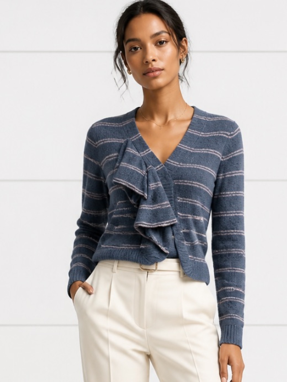 MARC JACOBS Cardigan Sweater 100%  Lambswool Wool Striped Ruffle Front Blue